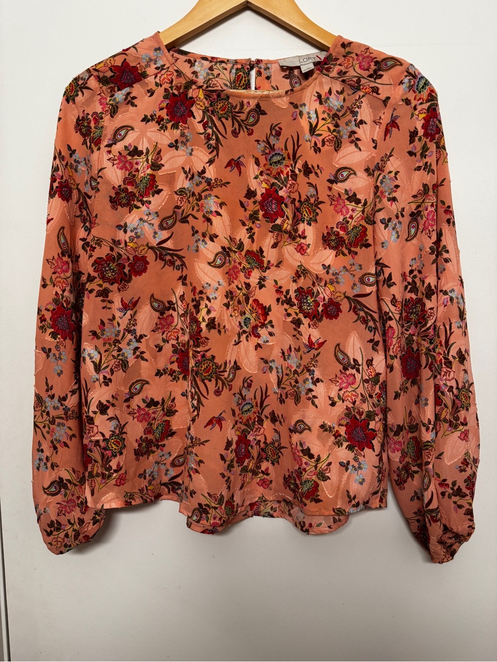 LOFT Peach Floral Long-Sleeve Peasant Top